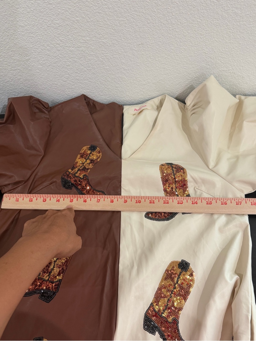 Peach Love California Brown and Cream Two-Tone Boot Appliqué Mini Dress - Picture 4 of 9